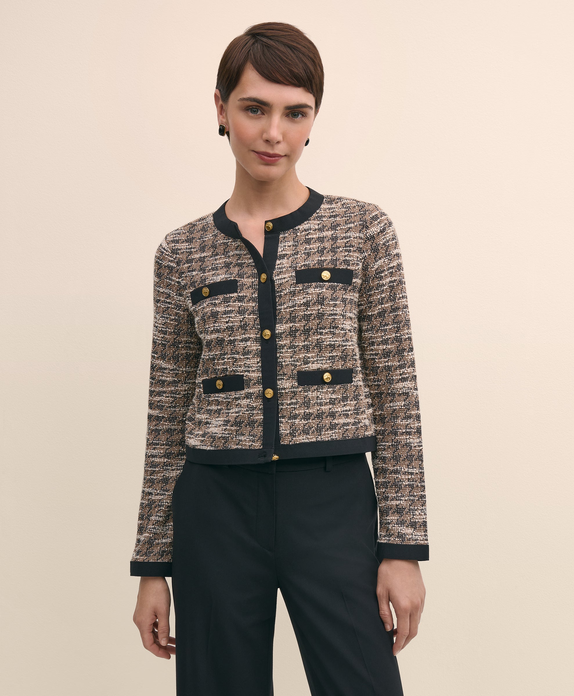 JKT KNT BCL Houndstooth tweed cream blac