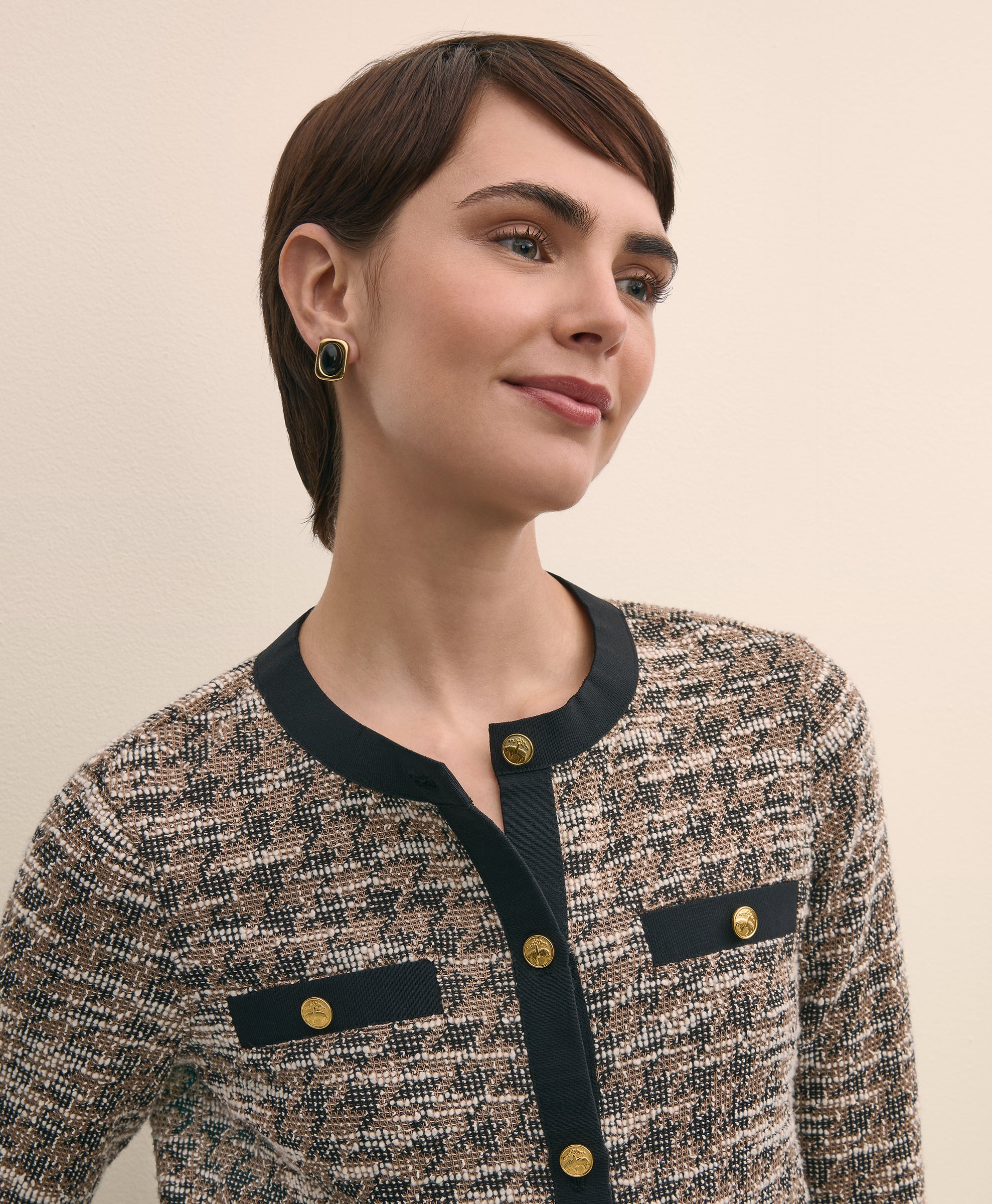 JKT KNT BCL Houndstooth tweed cream blac