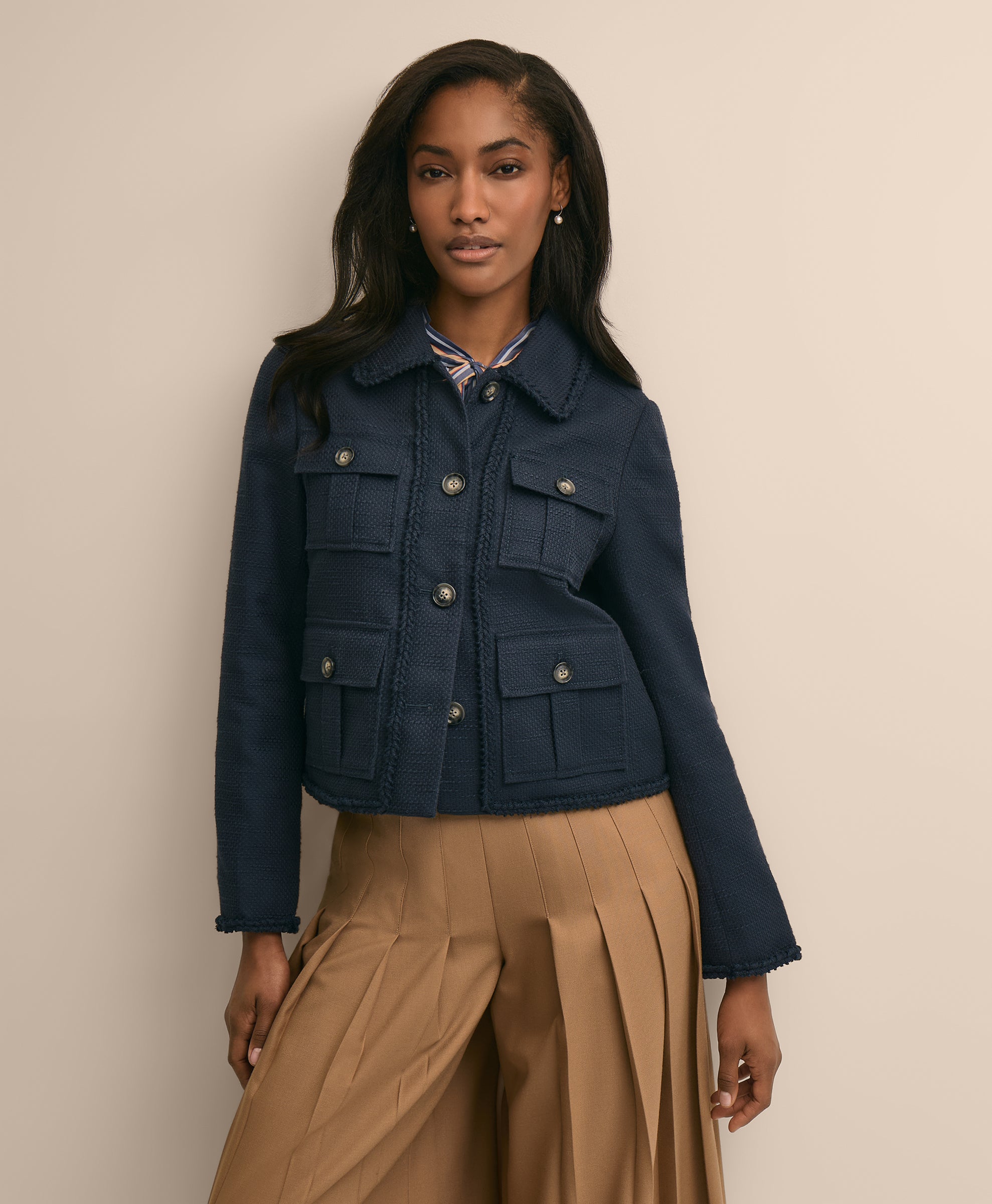 Cotton-Blend Braid-Trim Textured Jacket