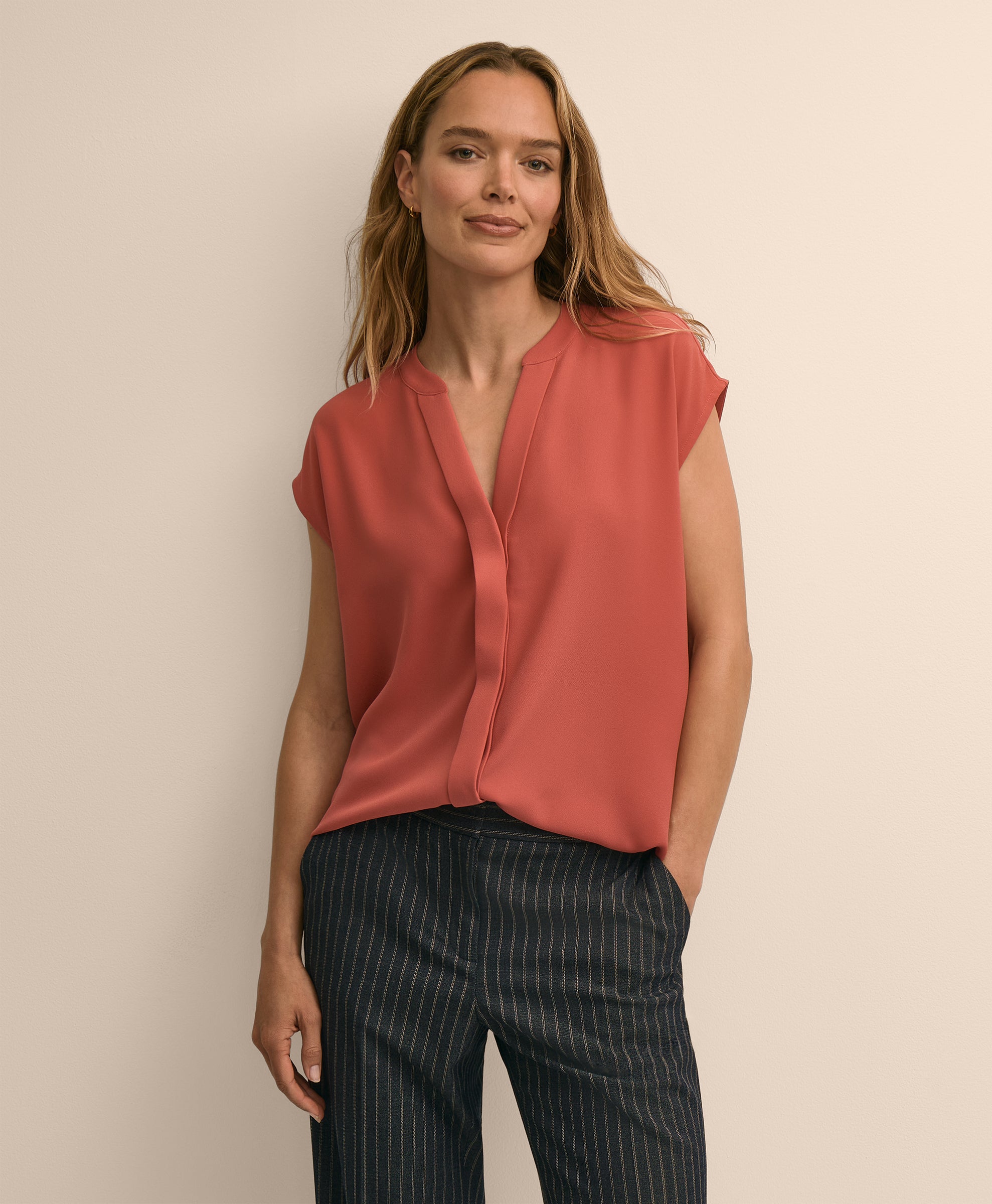 Band Collar Button-Front Blouse