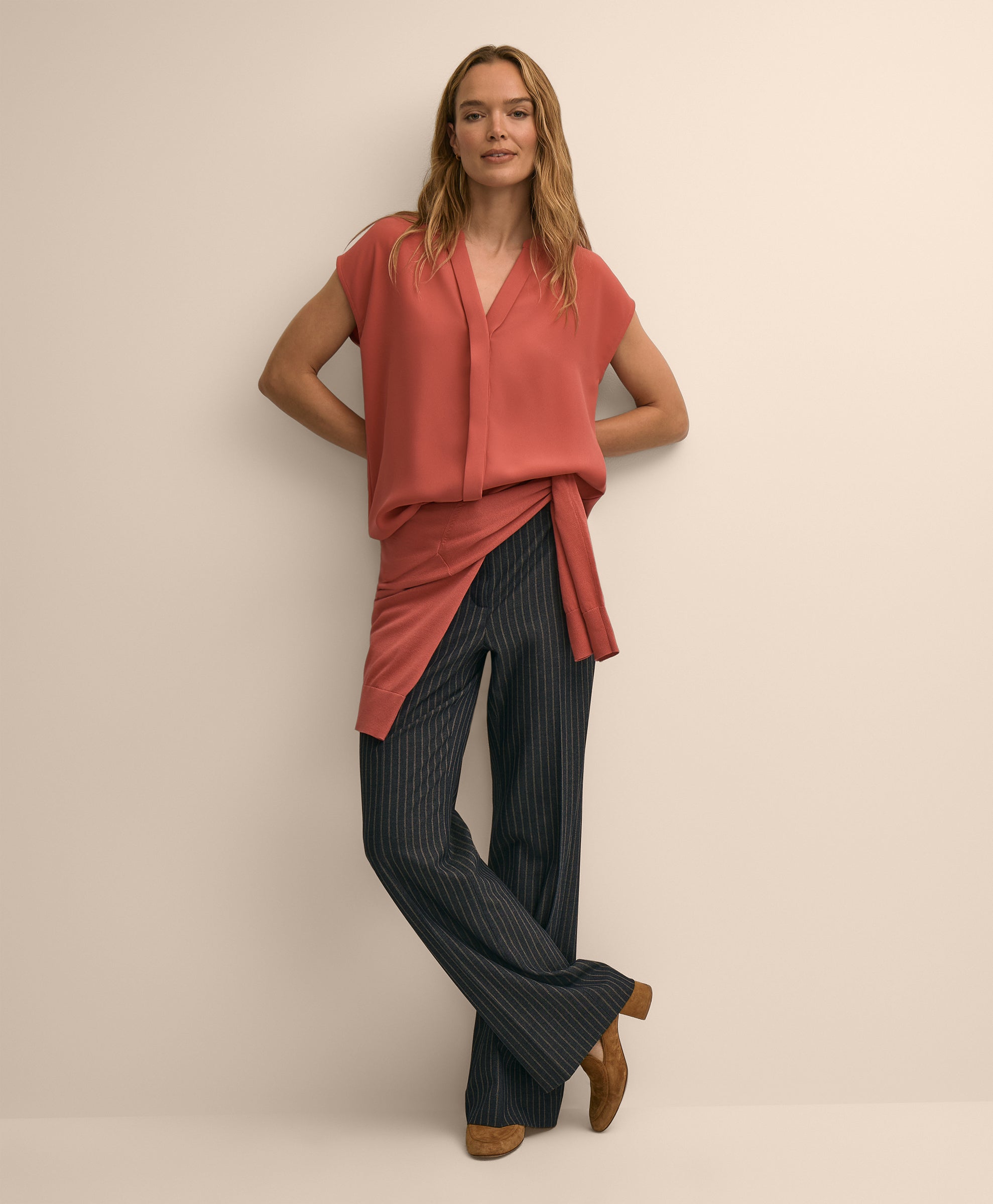 Band Collar Button-Front Blouse