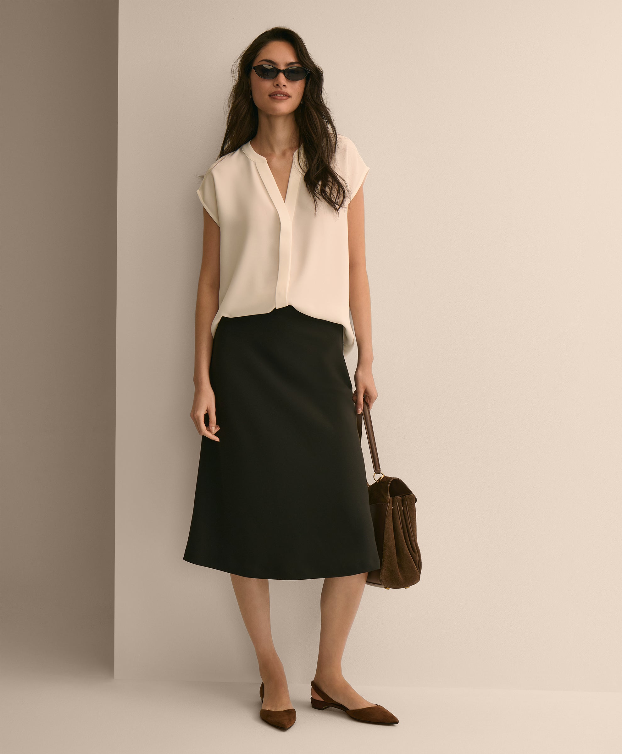 Band Collar Button-Front Blouse