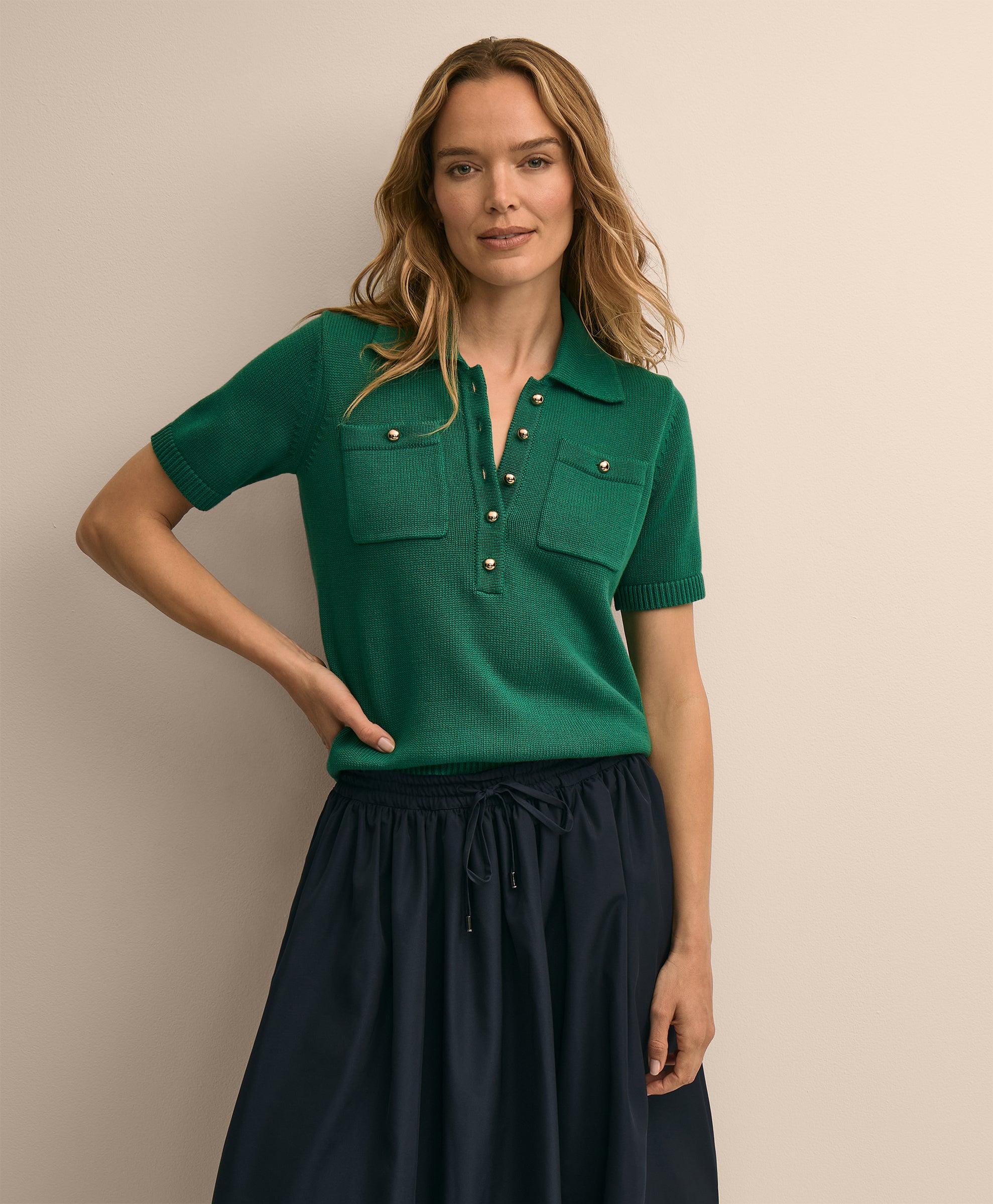 Cotton Short-Sleeve Polo Sweater