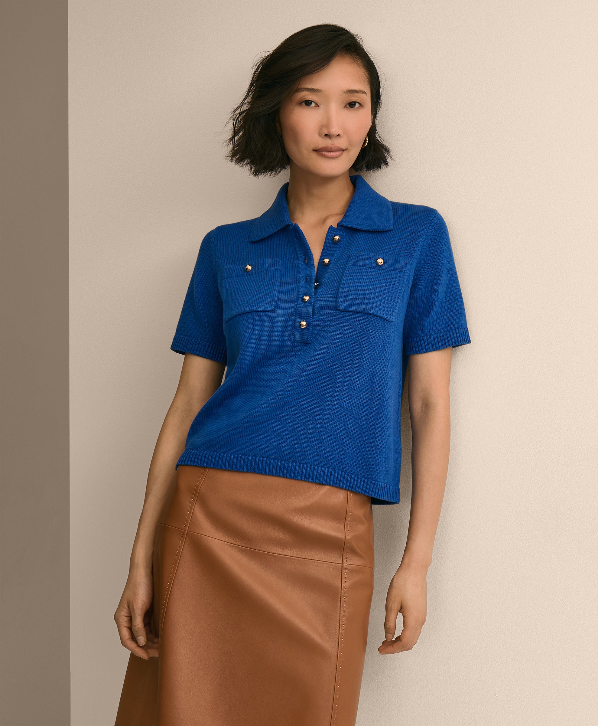 Cotton Short-Sleeve Polo Sweater