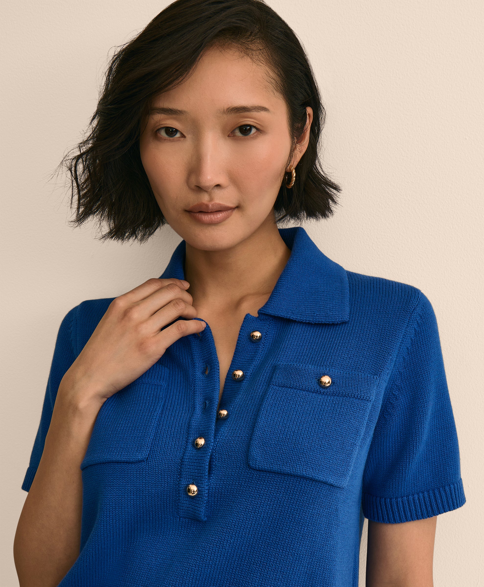 Cotton Short-Sleeve Polo Sweater