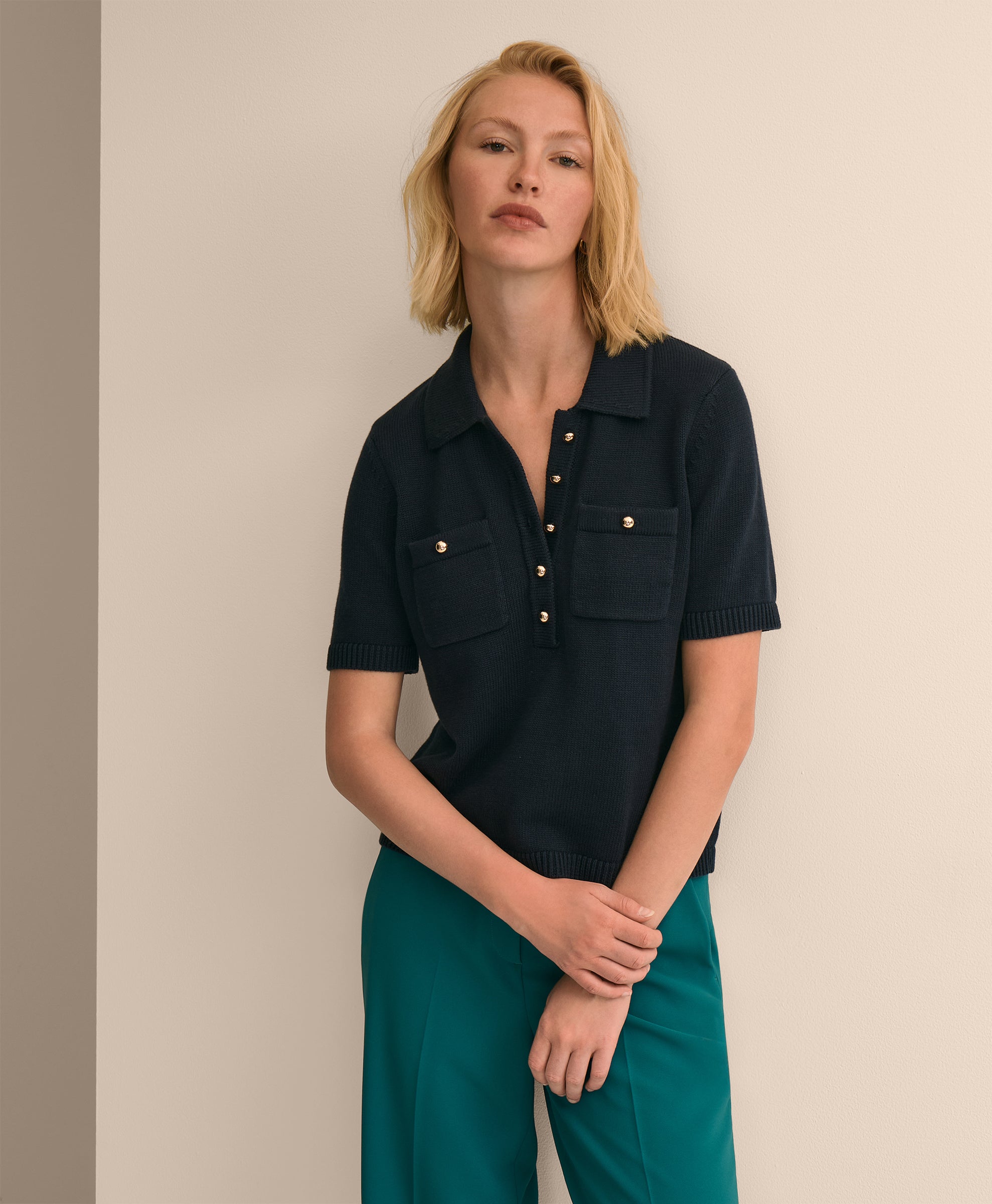 Cotton Short-Sleeve Polo Sweater