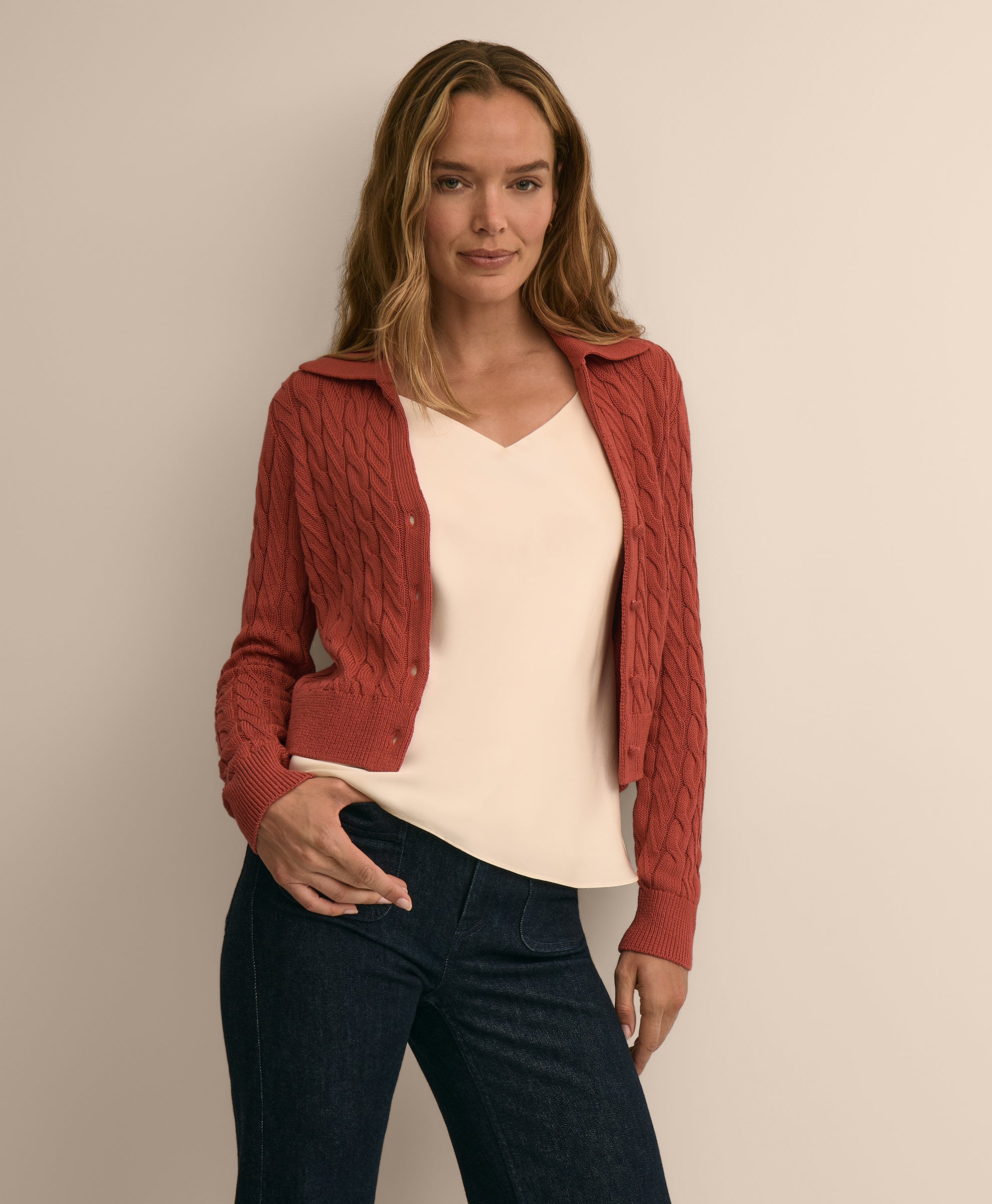 Cropped Cotton Cable-Knit Polo Cardigan