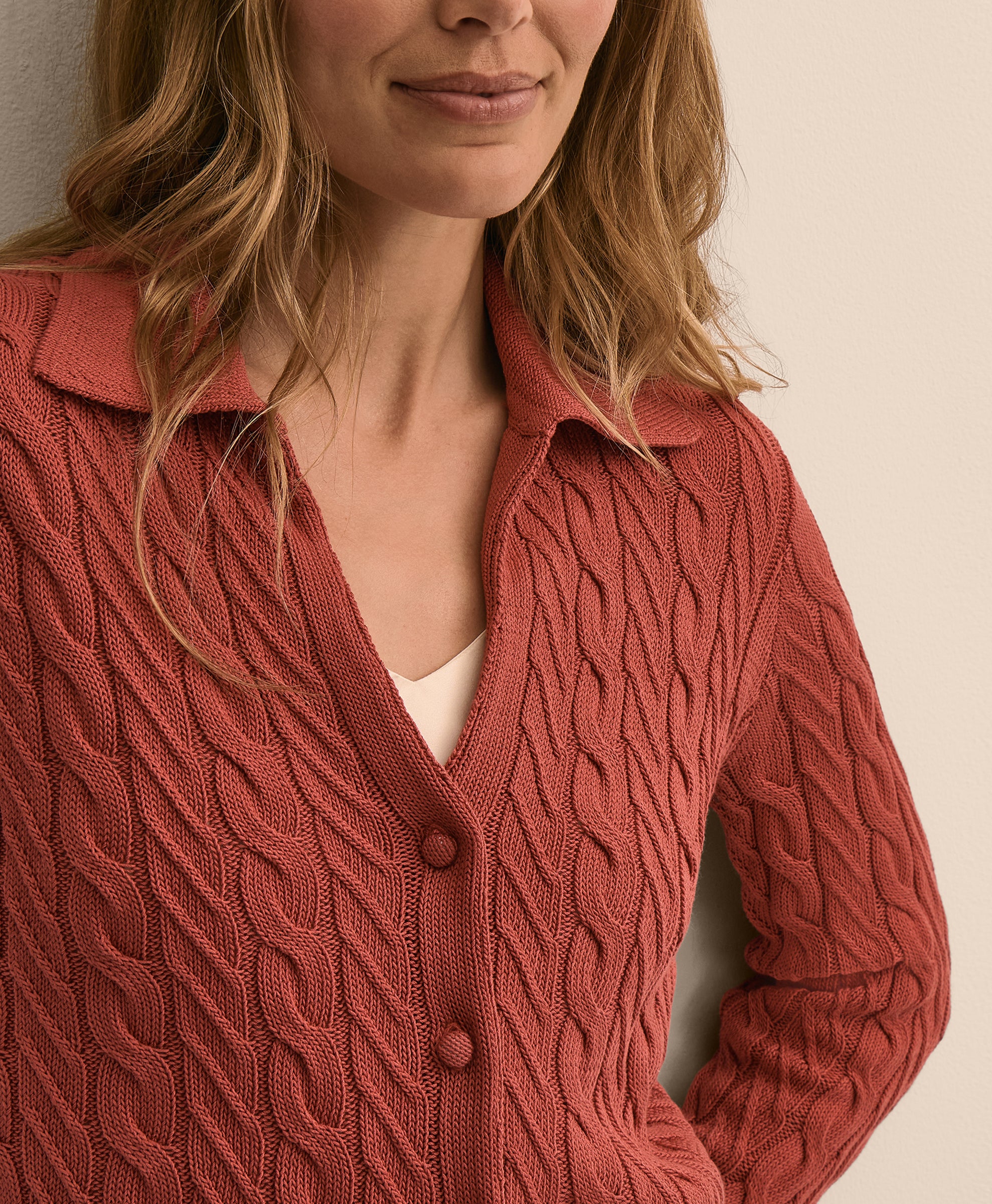 Cropped Cotton Cable-Knit Polo Cardigan