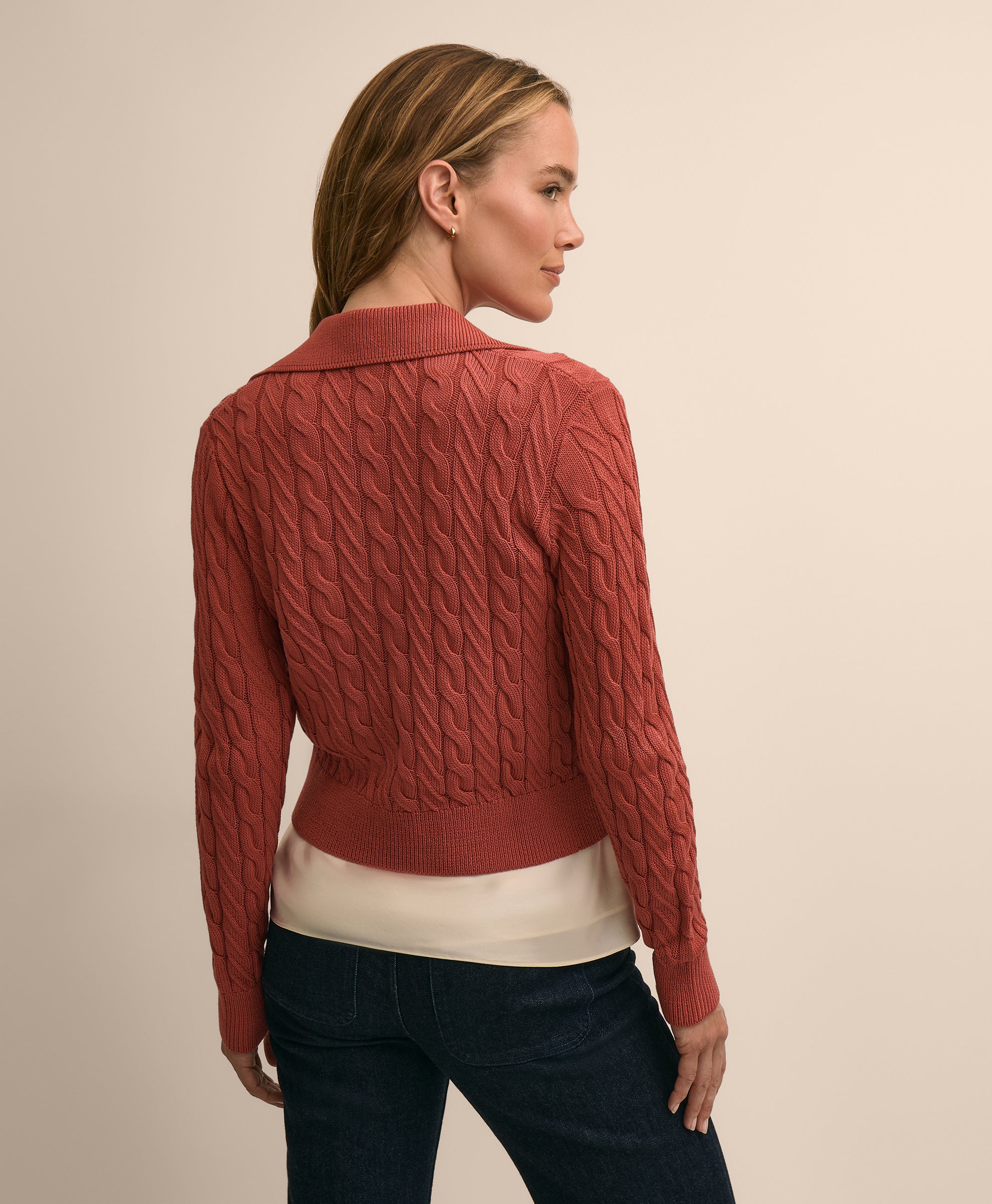 Cropped Cotton Cable-Knit Polo Cardigan
