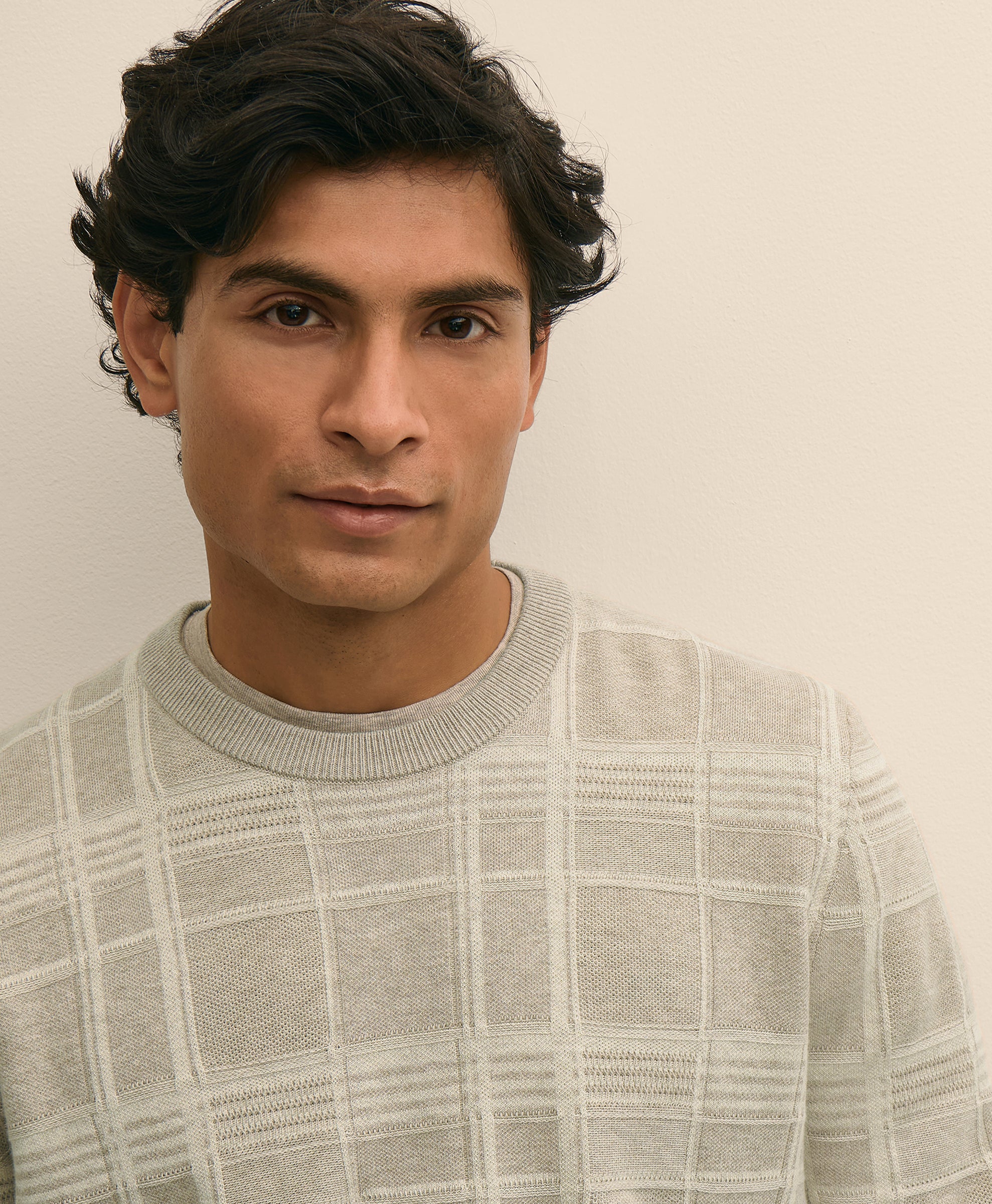 SWT TEXTURE PLAID CREW Beige Tan Plaid