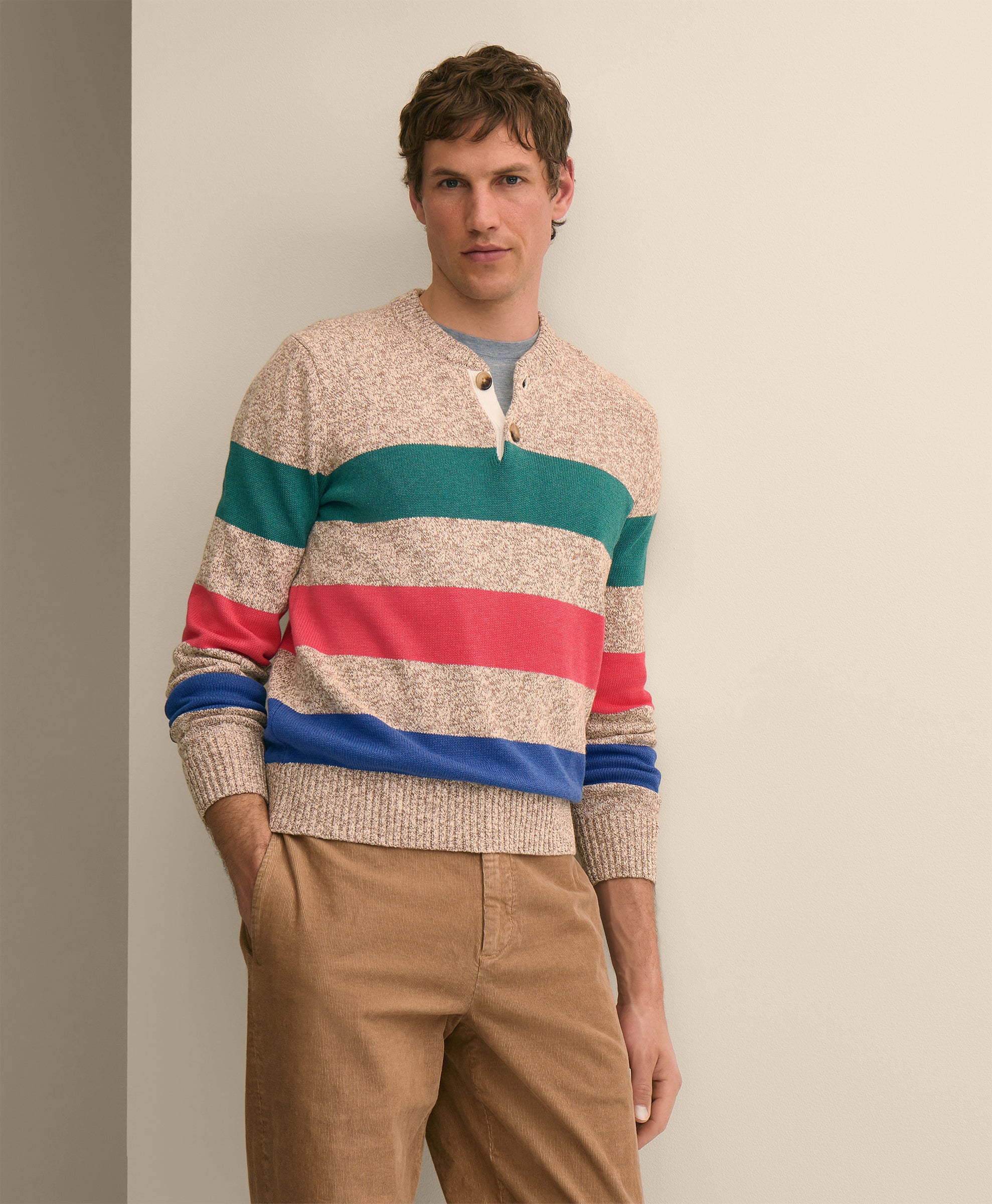 Cotton Rugby Stripe Marled Henley Sweater