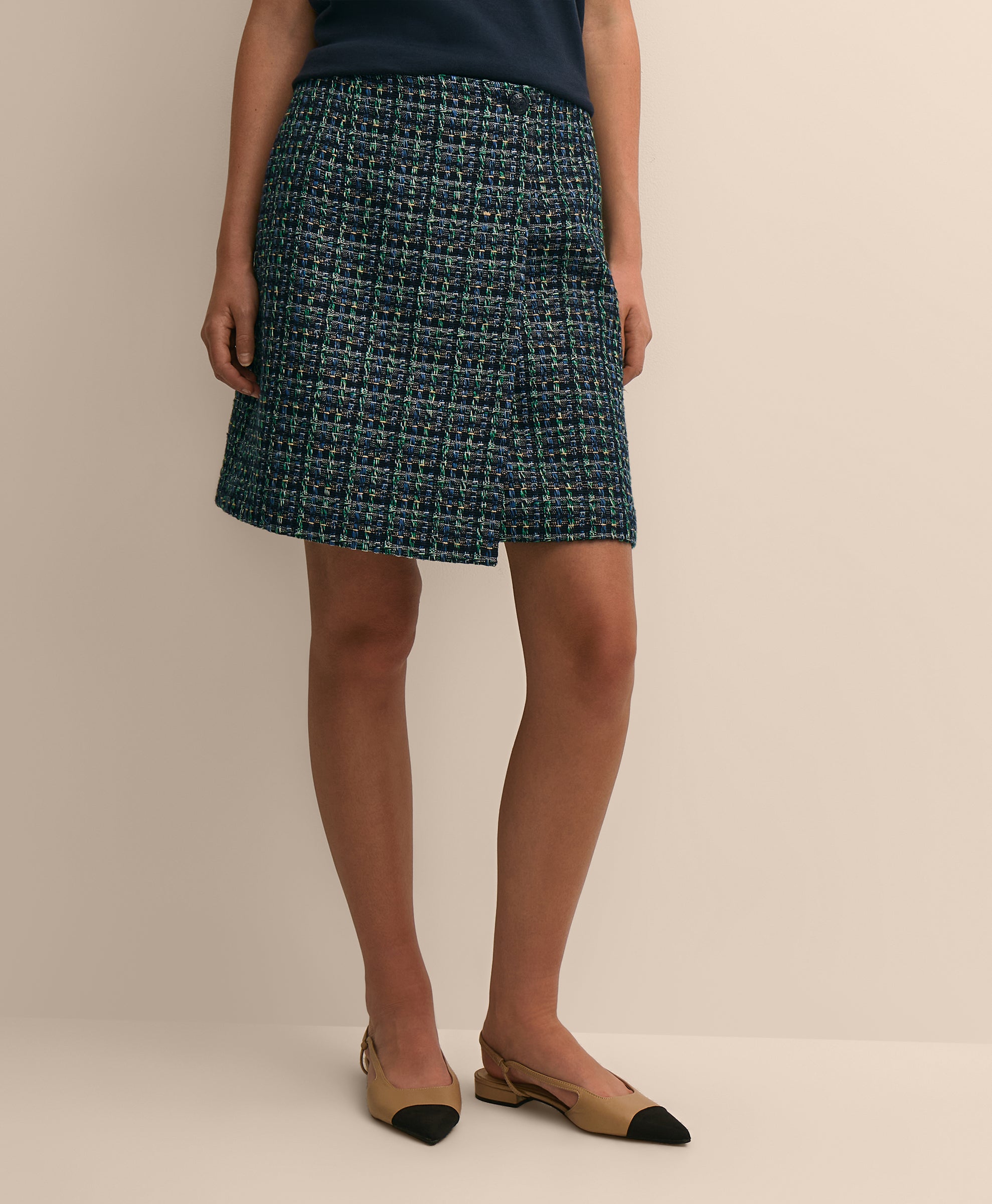 Boucle Plaid Faux Wrap Skirt