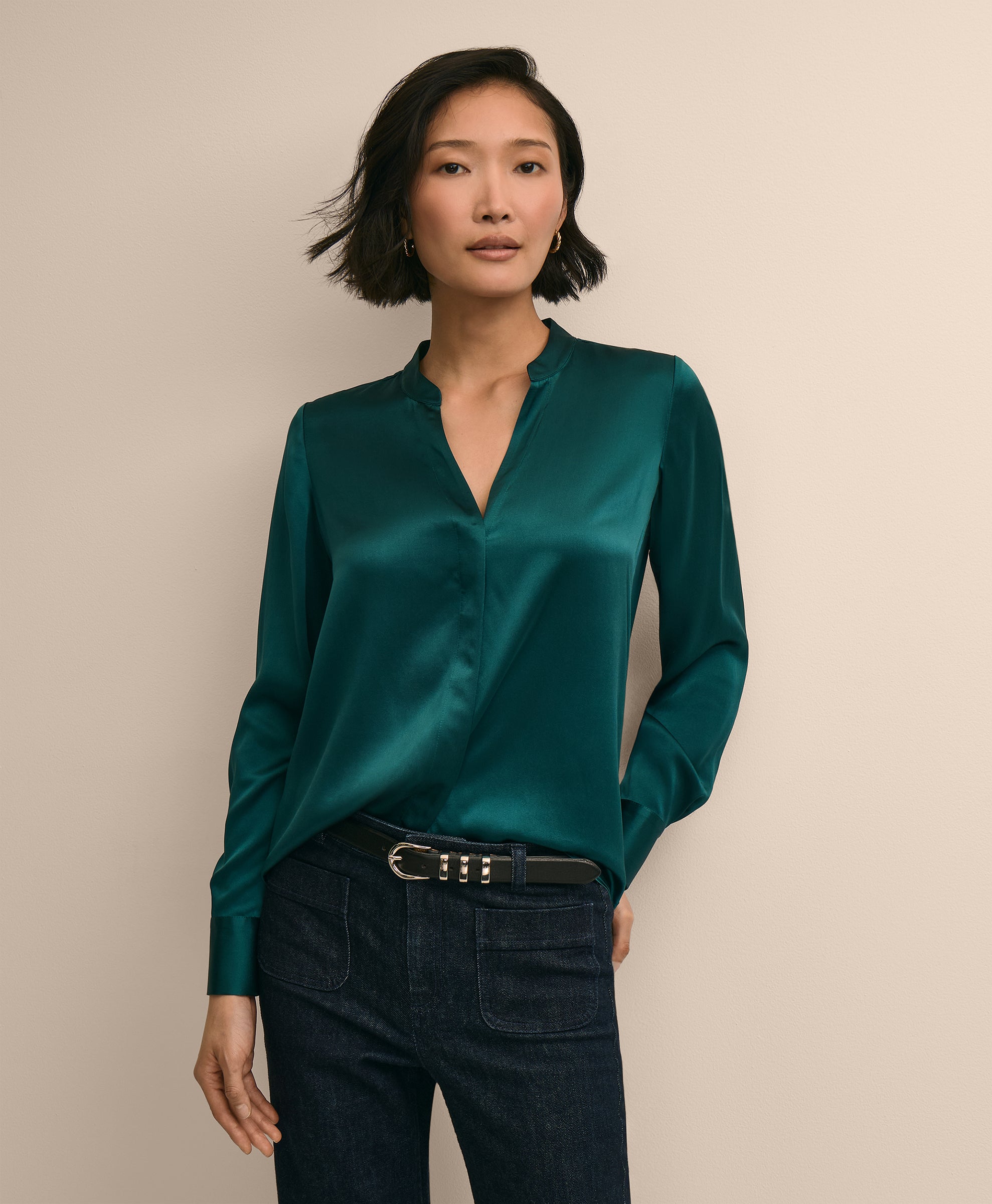 Silk Open V-Neck Blouse