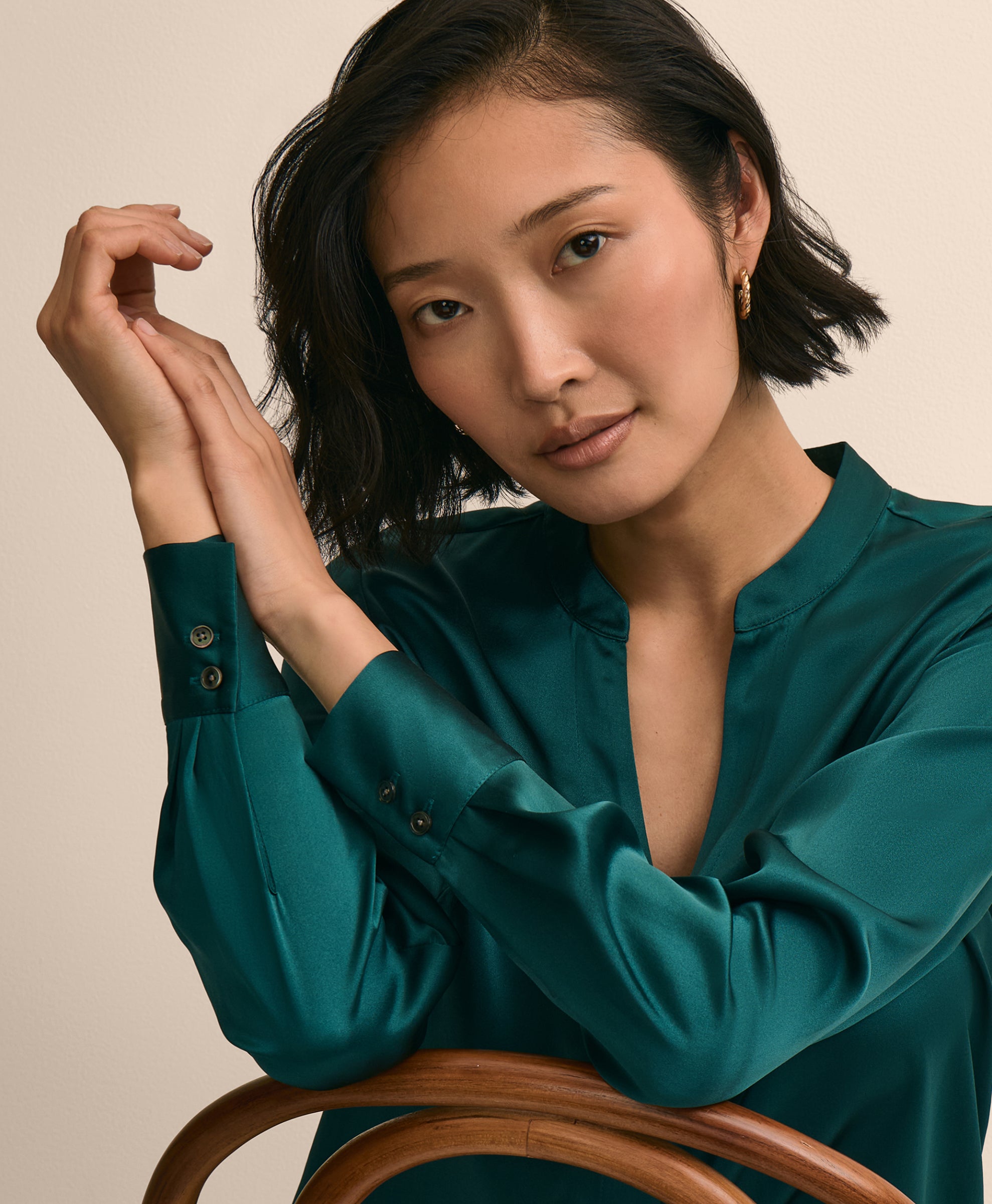Silk Open V-Neck Blouse