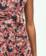 Tropical Floral Print Crinkle Chiffon Faux Wrap Dress