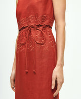 Embroidered Blouson Sheath Dress In Linen