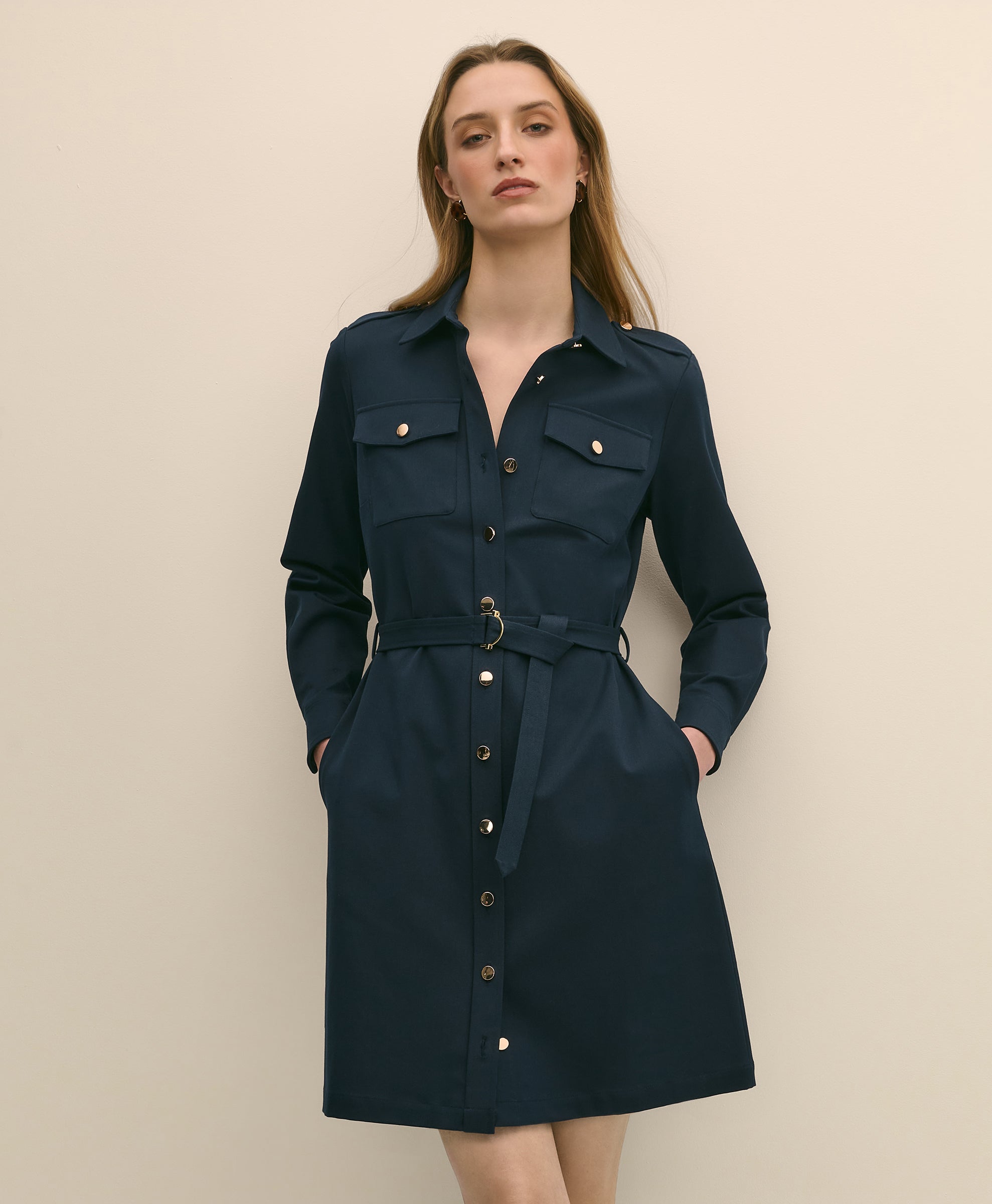 DRS CTN TWLL LS 2 PCKT SNAP FRONT Navy B