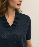 SWT CTN RFFL NECK SS POINTELLE Navy
