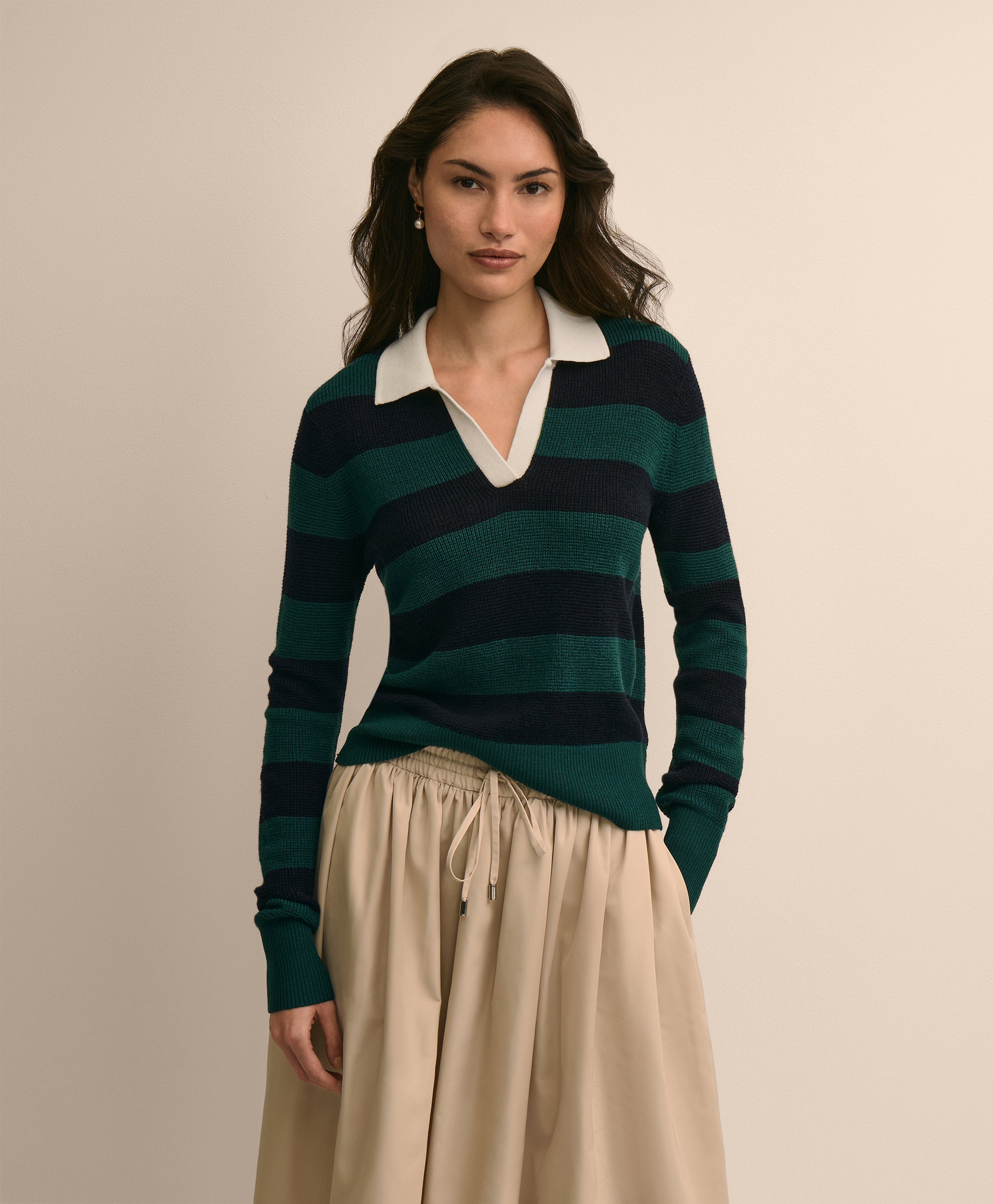 Merino Wool Striped Johnny Collar Sweater